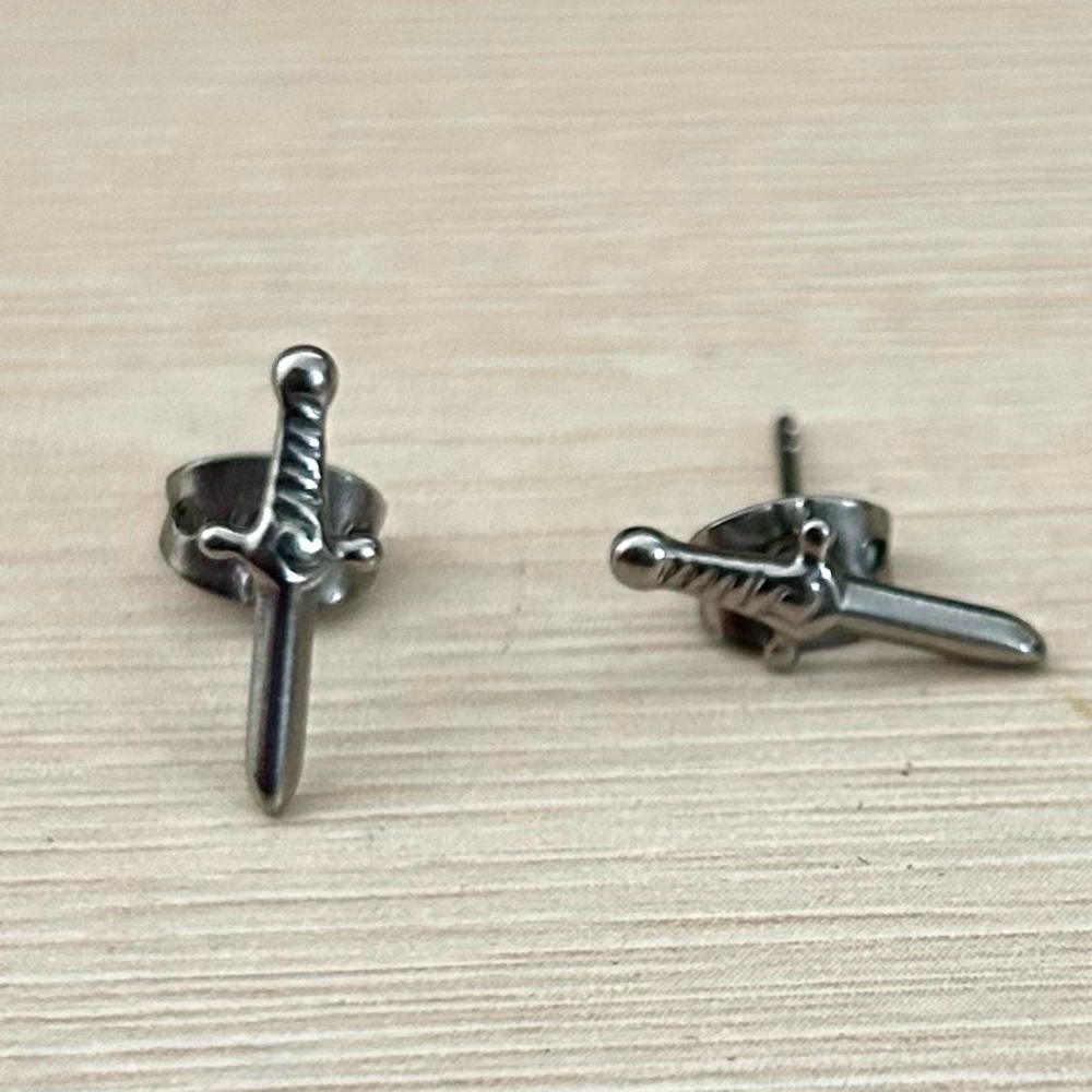 Titanium Dagger Sword Stud Earrings – Minimalist Sword Studs with Butterfly Back